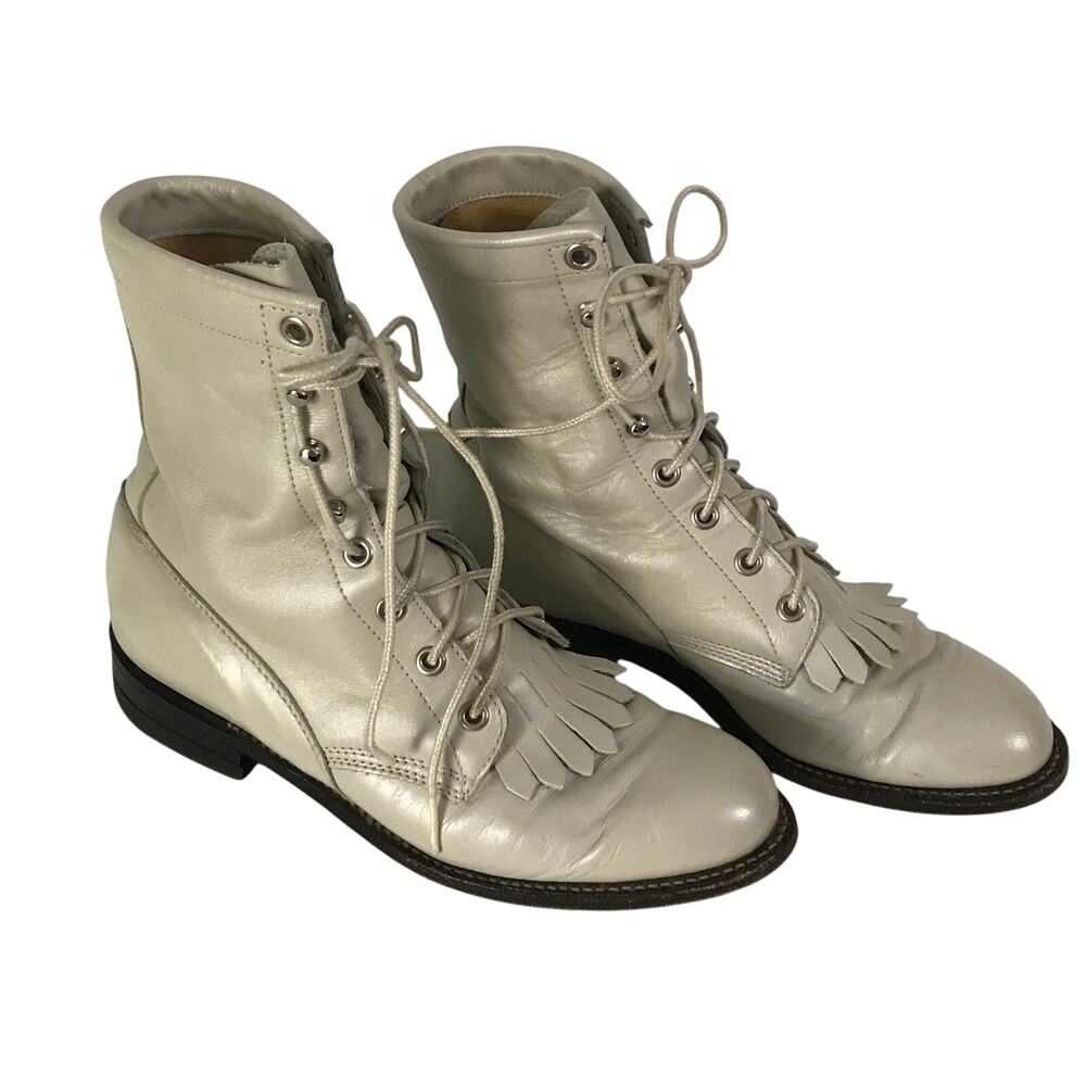 Justin Boots Size 6 C Women Leather Western Biker Putty Color Front Lace Up  Six